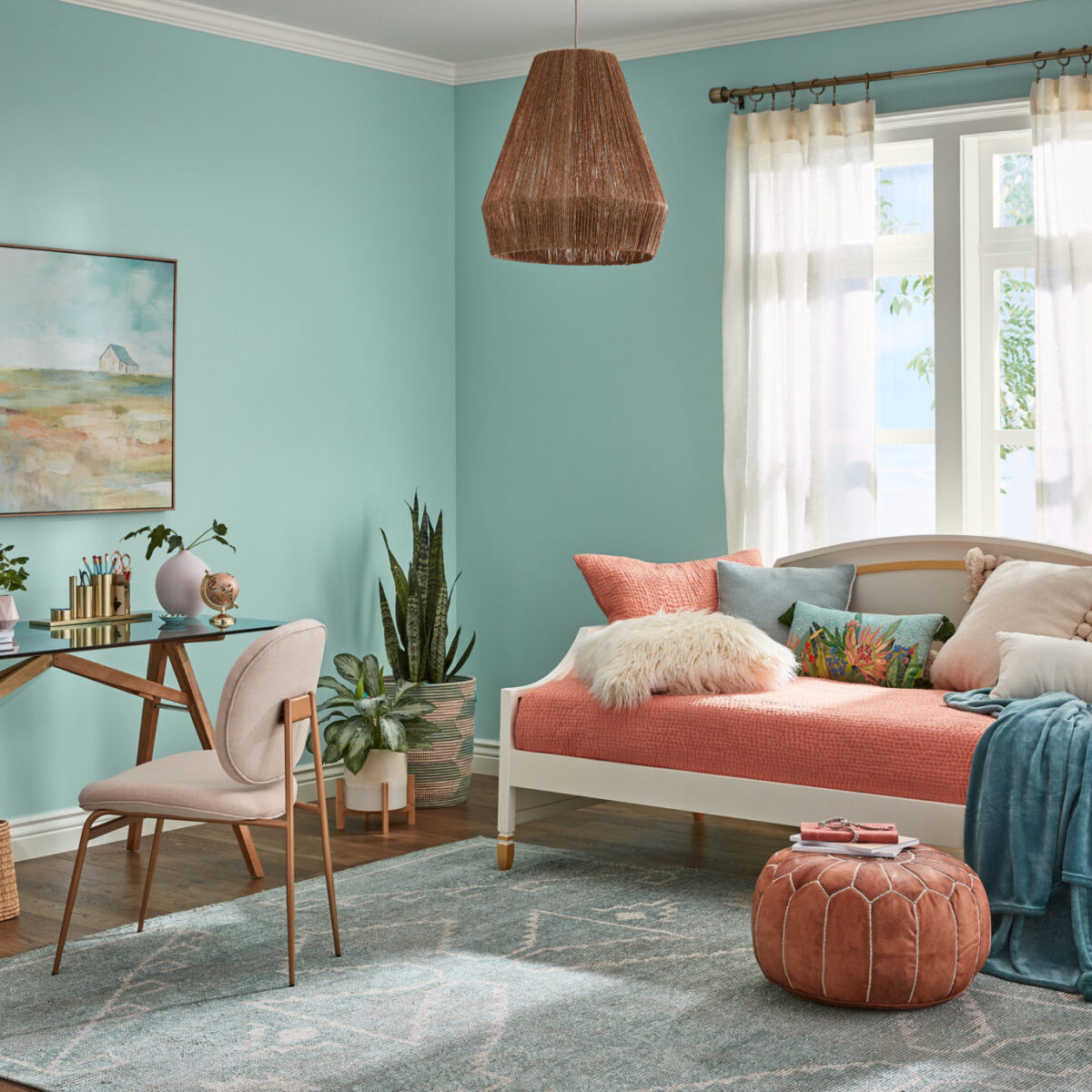 Mint to Be: Minty blues and playful corals strike a delightfully optimistic note. The soothing qualities of Mint To Be beautifully balance the energetic nature of Coral Reef while Fundamental White keeps things light and airy.